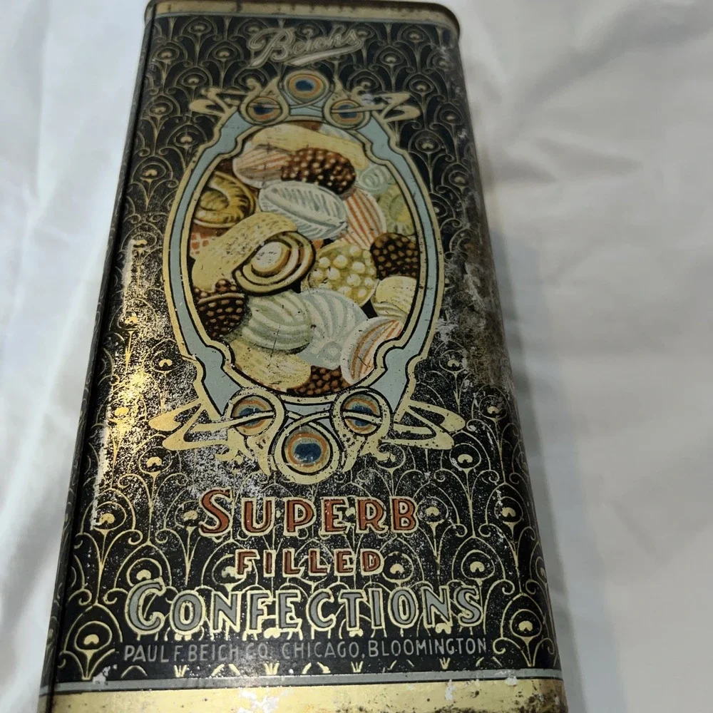 Vintage Metal Antique Advertising Tin Beichs Candy Confections Chicago peacock